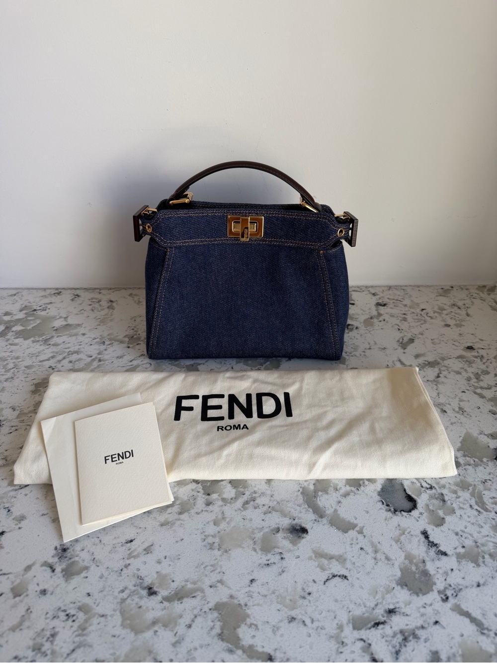 2022 Fendi Blue Denim Peekaboo Top Handle Bag with Zucca FF lining